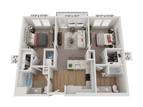 Floor plan for 2 beds, 2 baths, 917 sqft